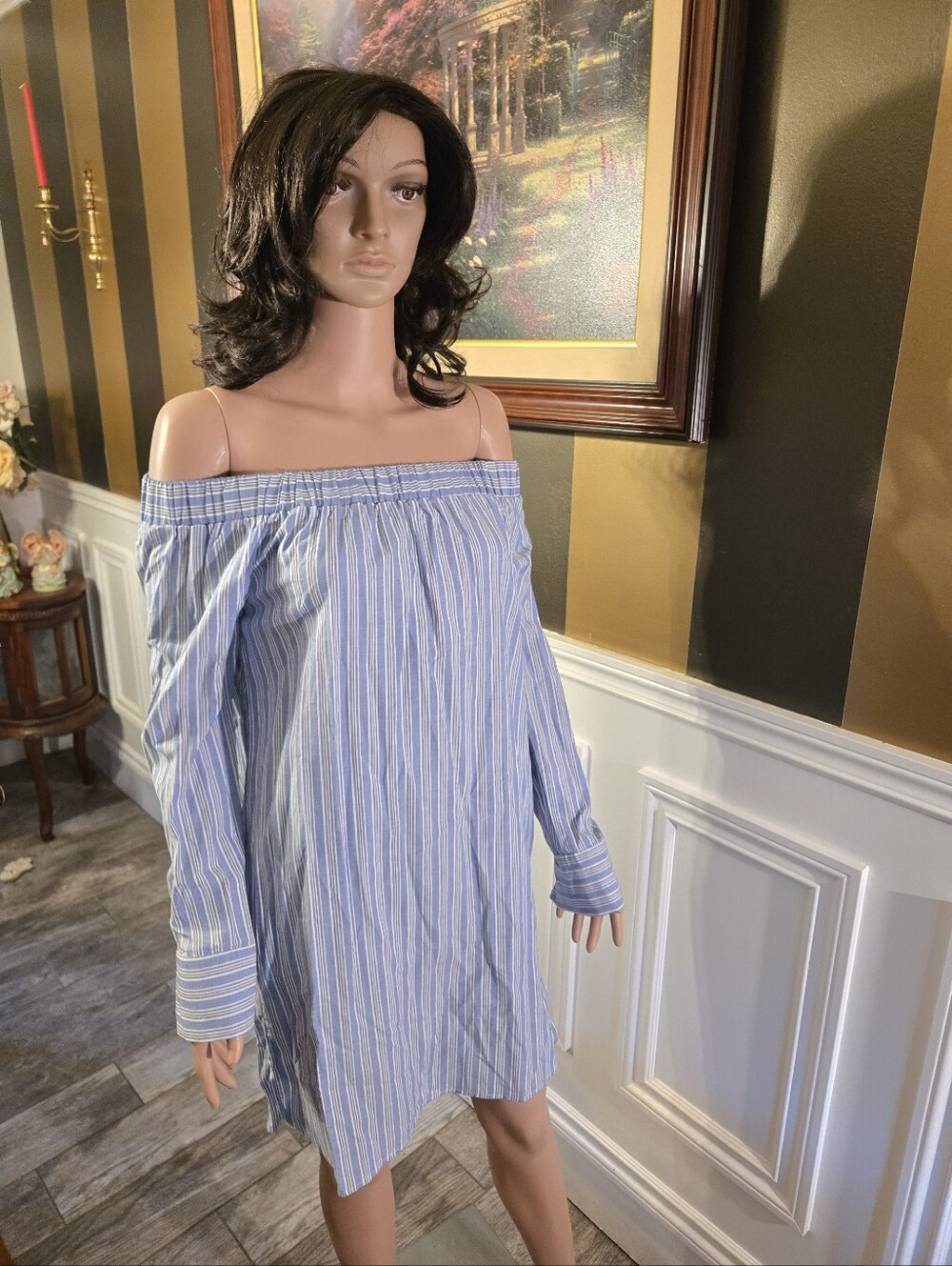 love J Off-Shoulder Blue and White Striped Dress